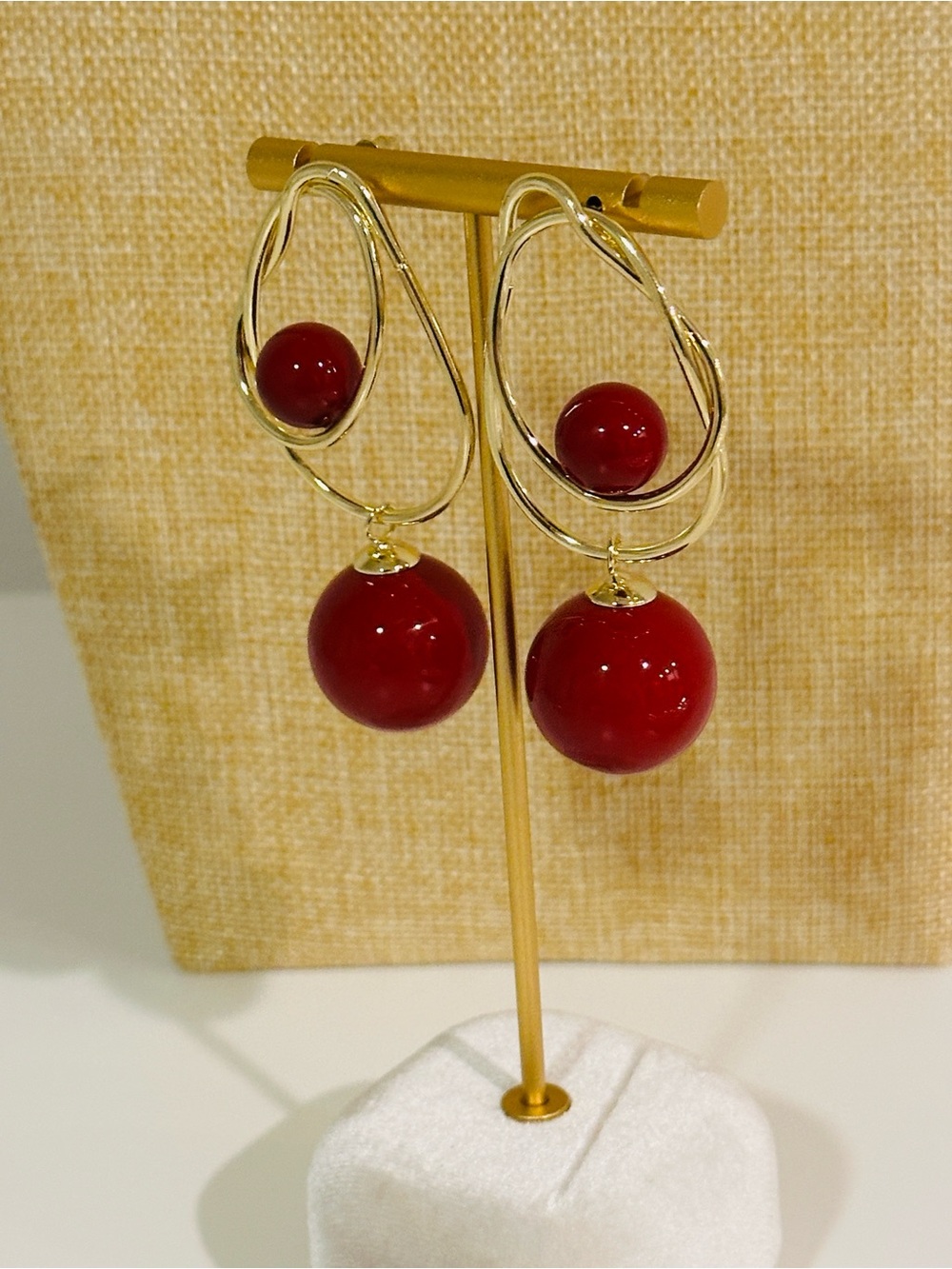 Fashion Jewelry Gold-Tone Double Hoop Earrings with Red Spheres